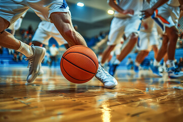 Naklejka premium Basketball activity, professional athlete playing in a gym, team challenge for a goal.