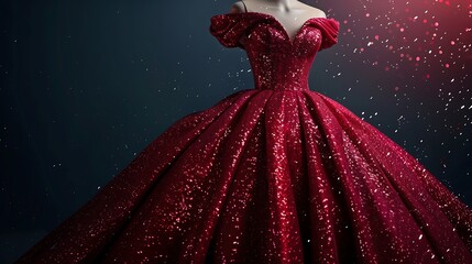 A breathtaking evening gown in deep crimson red, featuring a dramatic off-the-shoulder neckline and a voluminous skirt adorned with glittering sequins