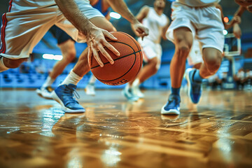 Naklejka premium Basketball player, active person in motion, scoring to win in a stadium.