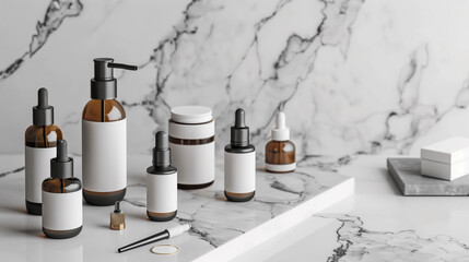 Elegant display of brown glass skincare bottles on a marble surface