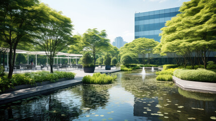 Obraz premium Serene Urban Oasis: Greenery Meets Modern Architecture