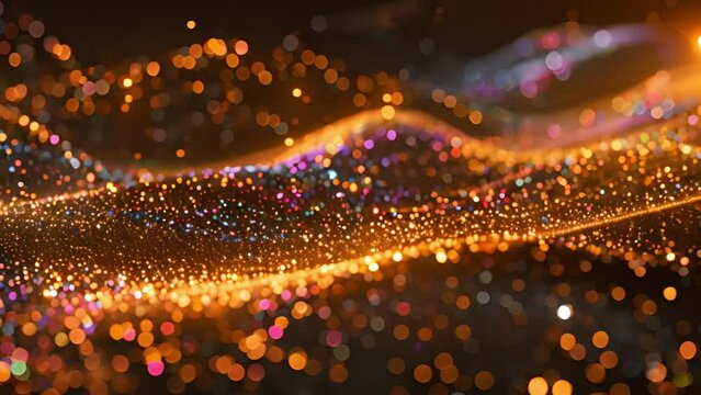 Golden and multicolored lights form undulating waves against a dark background, creating an abstract and mesmerizing visual effect.