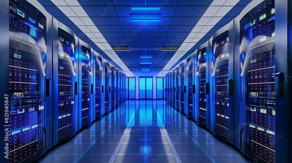 Poster modern data center with rows of servers
