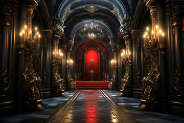 Hallway interior in a Gothic style castle.