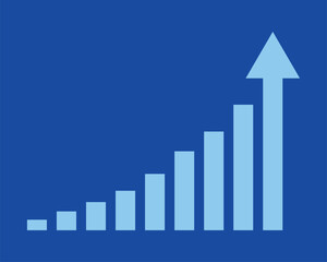 Graph data with an upward stepping arrow. Growth Bar blue stairs step to growth success vector illustration on blue. Progress way and forward achievement creative concept. Bar graph of blue bars.