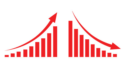 Graph going Up and Down sign with red arrows vector. Flat design vector illustration concept of sales bar chart symbol icon with arrow moving down and sales bar chart with arrow moving up.