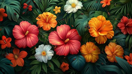 Tropical Forest Background, Variety of tropical flowers in full bloom, with insects buzzing around the petals, capturing the dynamic life of the forest. Illustration image,