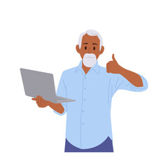 Gray-haired senior businessman cartoon character gesturing thumbsup holding computer laptop