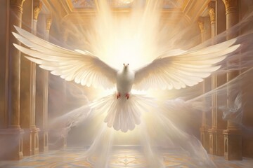 An illustration of a dove gracefully flying through the pearly gates of heaven The painting features a soft, luminous color palette and delicate lines, highlighting the spiritual significance of the m
