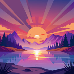 Radiant sunrise over a serene lake, emphasizing tranquil purples and oranges.