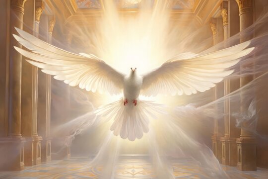 An illustration of a dove gracefully flying through the pearly gates of heaven The painting features a soft, luminous color palette and delicate lines, highlighting the spiritual significance of the m