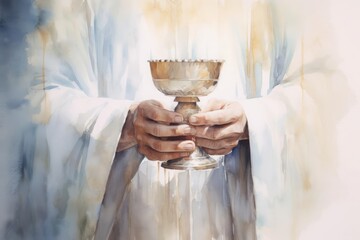 A peaceful watercolor illustration of hands holding a chalice, symbolizing the Blessed Sacrament The painting uses soft, harmonious colors and delicate brushstrokes to create a serene and spiritual am