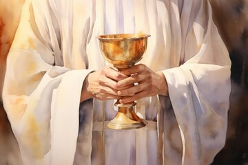 A beautiful watercolor painting showing hands holding a chalice, representing the Eucharist The artwork uses soft, ethereal colors and smooth brushstrokes to create a tranquil and divine atmosphere Th