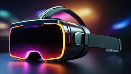 Virtual Reality glasses on a dark background in neon lighting.