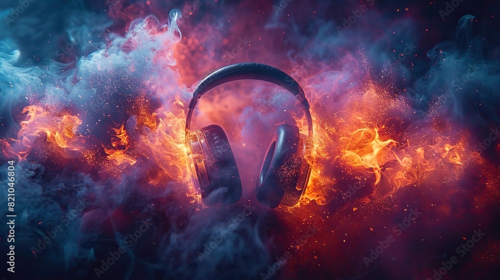 Wall mural stereo headphones exploding in festive colorful splash flame and smoke with vibrant light effects on