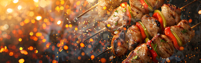 Barbecue skewers meat kebabs with vegetables on flaming grill with dark background
