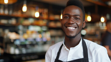 A smiling man in a white shirt and apron stands in front of a restaurant. He is wearing a black apron with a white stripe. black man, Brazilian, smiling, working as a waiter in a restaurant - Powered by Adobe