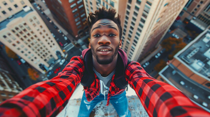 Fototapeta premium A man with a red plaid shirt is taking a selfie from a rooftop. Concept of adventure, as the man is capturing a unique perspective of the city from above. trendy, fashionable, hip hop style black man