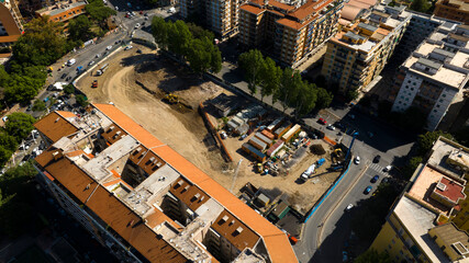 Obraz premium Aerial view of work in progress in Radio Square in the Marconi district in Rome, Italy.