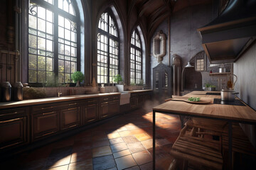 Interior of kitchen in Gothic style.