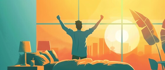 Early to bed, early to rise, makes a man healthy, wealthy, and wise Illustrate a person waking up early and having a productive day