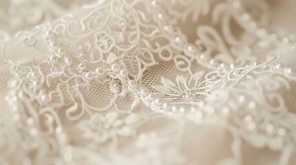 A close-up of intricate lace detailing on the bodice of a pristine white wedding gown, with delicate pearls and beads shimmering in the light