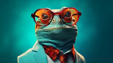 Fototapeta premium Stylish lizard with bright glasses, focus on, unique character, vibrant, Overlay, teal background