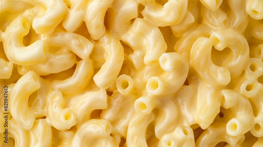Poster a close up of yellow macaroni with a creamy sauce. the macaroni is arranged in a way that makes it l