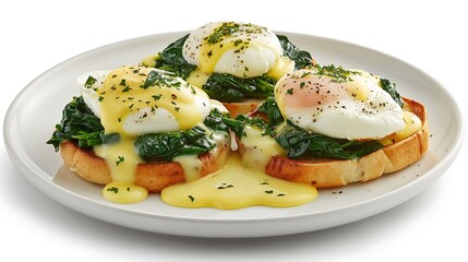 Mouthwatering plate of eggs Florentine served on a white background, featuring poached eggs, saut?(C)ed spinach, and hollandaise sauce atop toasted English muffins.