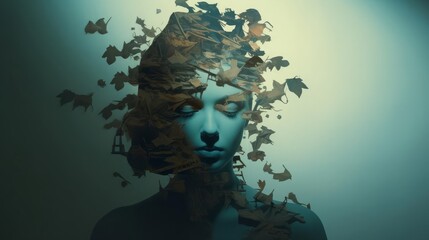 Hidden identity with floating accessories focus on disguise whimsical double exposure shadowy backdrop
