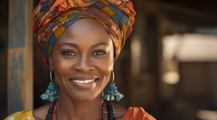 A african beauty in her 40s is smiling while looking straight ahead. A face without makeup, skin is bright, elastic, and moist