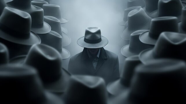 Disappearing identity focus on anonymity surreal blend mode floating hat backdrop