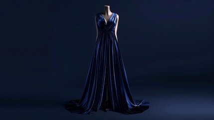 A sleek and sophisticated evening gown in deep navy blue, featuring a plunging neckline and a thigh-high slit, exuding timeless elegance