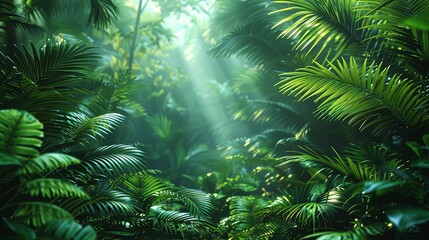 Tropical Forest Background, Detailed shot of tropical leaves and undergrowth, with sunlight filtering through the canopy, casting dappled light on the forest floor. Illustration image,