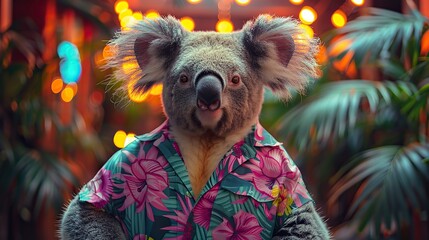 Obraz premium An anthropomorphic koala sporting a relaxed floral ensemble poses confidently with a distinctively human-like demeanor..stock photo