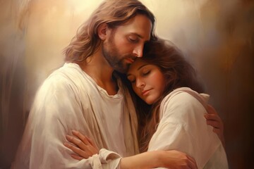 A heartwarming painting of Jesus embracing a woman, radiating divine love and comfort The artwork features a soft, luminous color palette and textured brushstrokes, creating a serene and compassionate