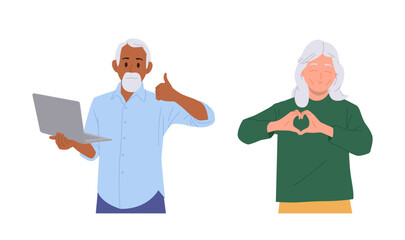Old man and aged woman cartoon characters gesturing thumbsup like sign and heart love symbol