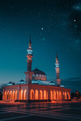 A high quality professional photo of a Glowing mosque under a starry night sky, night photography,...