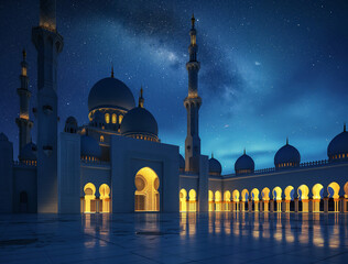 A high quality professional photo of a Glowing mosque under a starry night sky, night photography,...