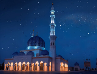 A high quality professional photo of a Glowing mosque under a starry night sky, night photography,...