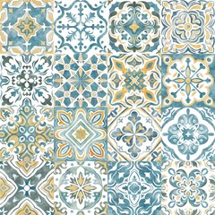 Blue and yellow Azulejos tiles. Traditional Portuguese Mosaic, Spanish Majolica tile decoration. Patchwork print for wallpaper design. Watercolor artwork, antique tileable ceramics.