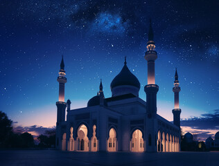 A high quality professional photo of a Glowing mosque under a starry night sky, night photography,...