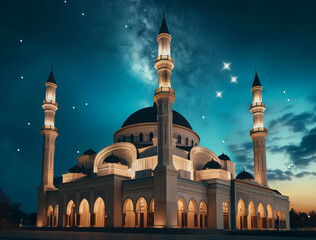 A high quality professional photo of a Glowing mosque under a starry night sky, night photography,...