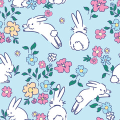 Seamless pattern of flowers and Bunnys background. Cute little rabbit and flowers background. Hand Drawn vector illustration textile design.