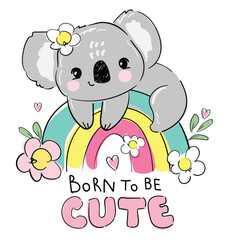 Naklejka premium Hand Drawn Cute koala and rainbow, kids design print for nursery vector illustration