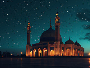 A high quality professional photo of a Glowing mosque under a starry night sky, night photography,...
