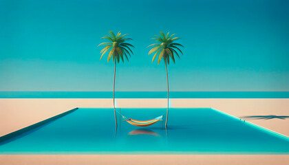 Serene tropical scene featuring two palm trees, a hammock, and an infinity pool by the beach. Concept: relaxation, tropical paradise, and escape. Ideal for travel advertisements, vacation promotions, 