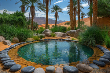 A secluded desert oasis with stacks of colorful stones arranged around a small, reflective pool, surrounded by tall palms and sandy dunes.