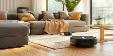 Sophisticated living room with autonomous vacuum cleaner with luxurious interior and natural light