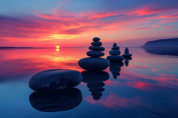 A sunset over a tranquil lake, where balanced stones are silhouetted against the colorful sky, creating a serene and contemplative mood.